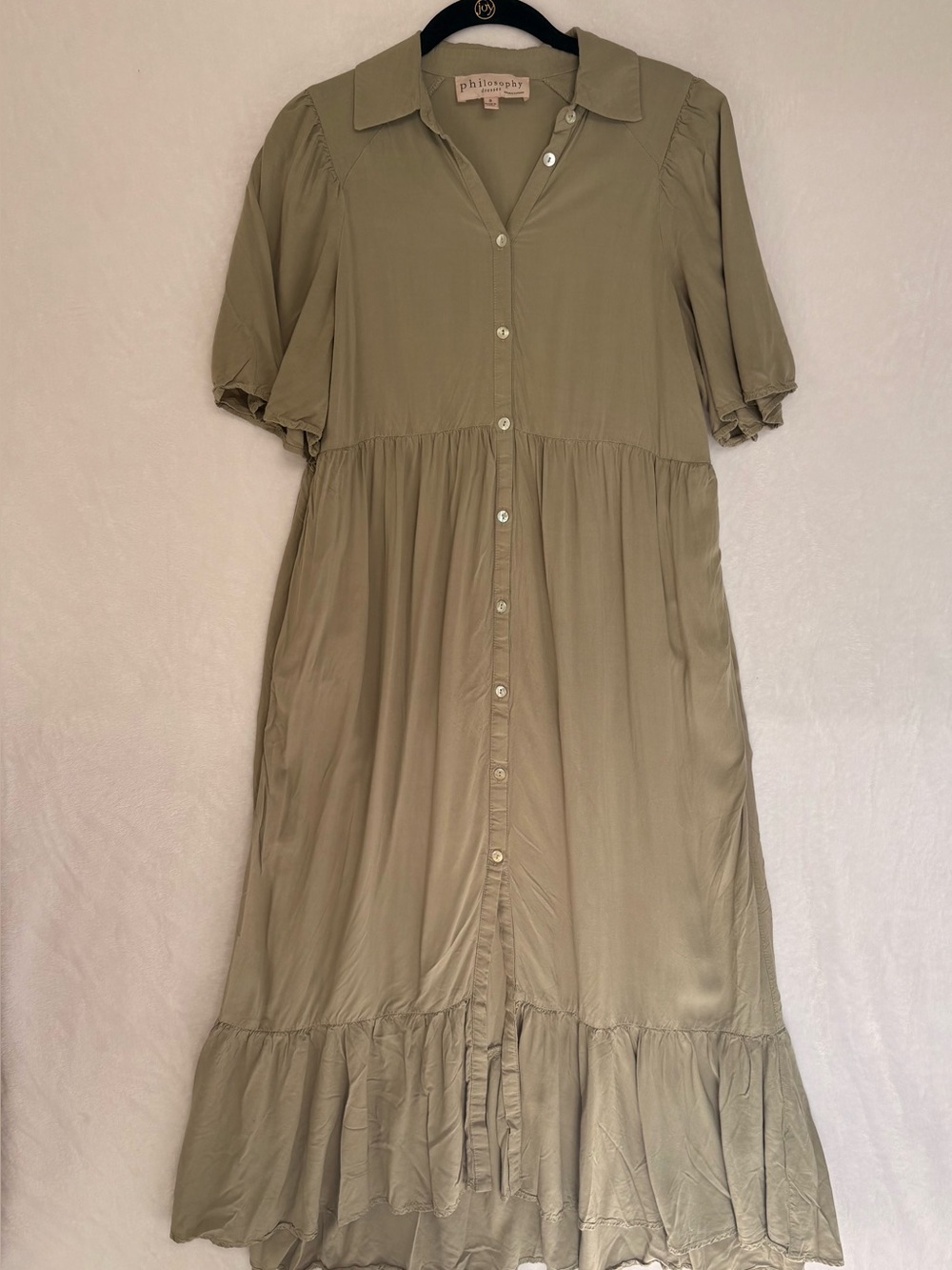 💚 Philosophy Olive Green Tiered Shirt Dress – Size Small